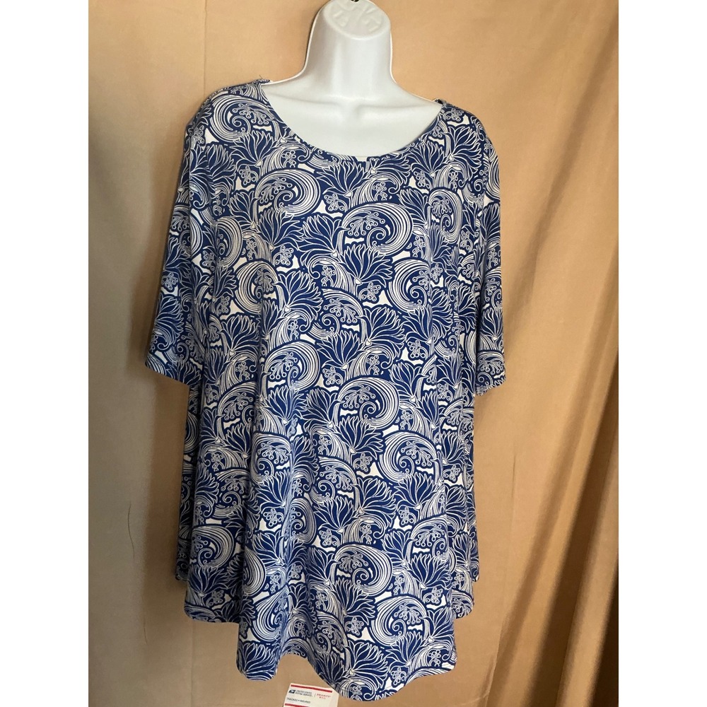 Chico's Tunic Top Womens Size 3 Blue White Excellent Abstract Scroll Print
